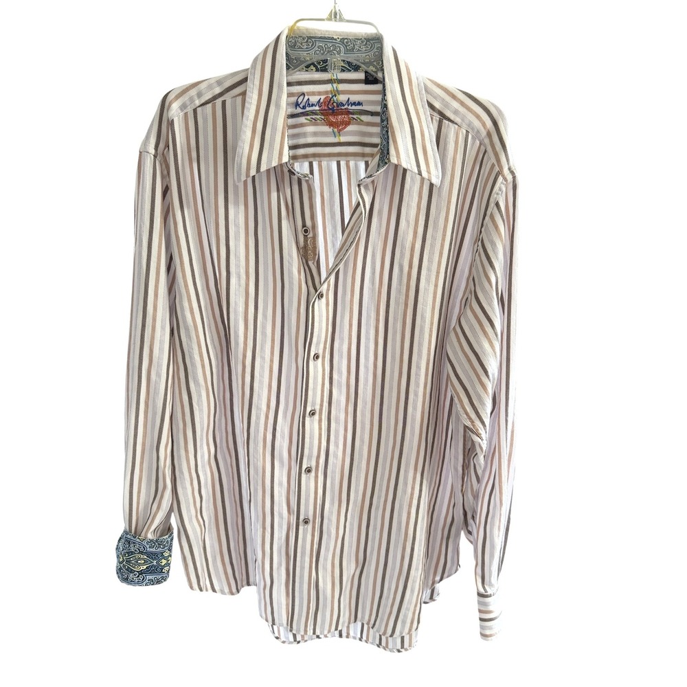 Robert Graham Mens 2XL Striped Long Sleeve Button Down Shirt Brown Tan Paisley